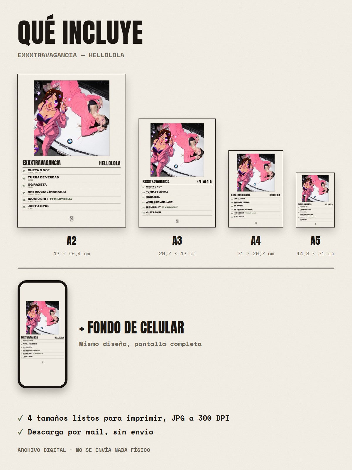 Qué incluye el póster de Exxxtravagancia de HELLOLOLA: A2, A3, A4, A5 y fondo de celular