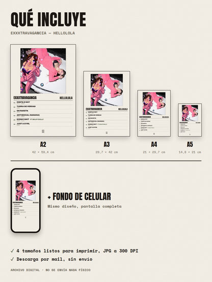 Qué incluye el póster de Exxxtravagancia de HELLOLOLA: A2, A3, A4, A5 y fondo de celular