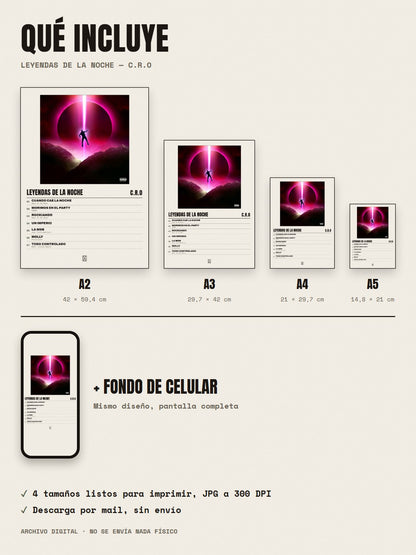 Qué incluye el póster de Leyendas de la Noche de C.R.O: A2, A3, A4, A5 y fondo de celular