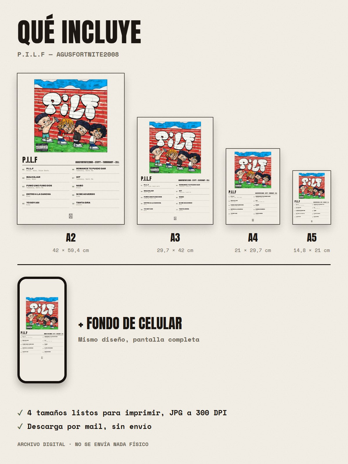Qué incluye el póster de P.I.L.F de AgusFortnite2008 × Stiffy × turrobaby × Zell: A2, A3, A4, A5 y fondo de celular