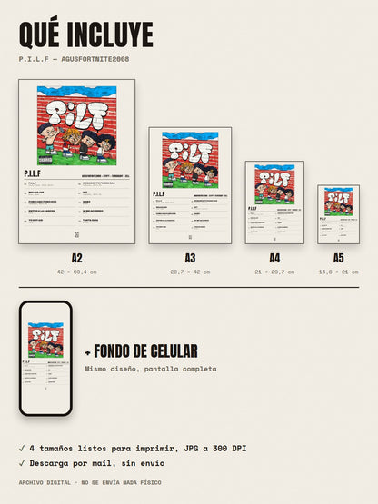 Qué incluye el póster de P.I.L.F de AgusFortnite2008 × Stiffy × turrobaby × Zell: A2, A3, A4, A5 y fondo de celular