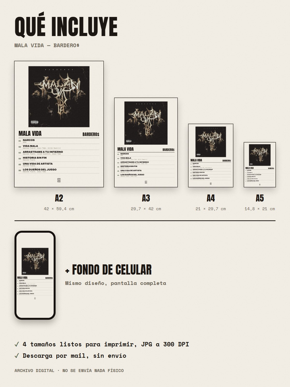 Qué incluye el póster de Mala Vida de Bardero$: A2, A3, A4, A5 y fondo de celular