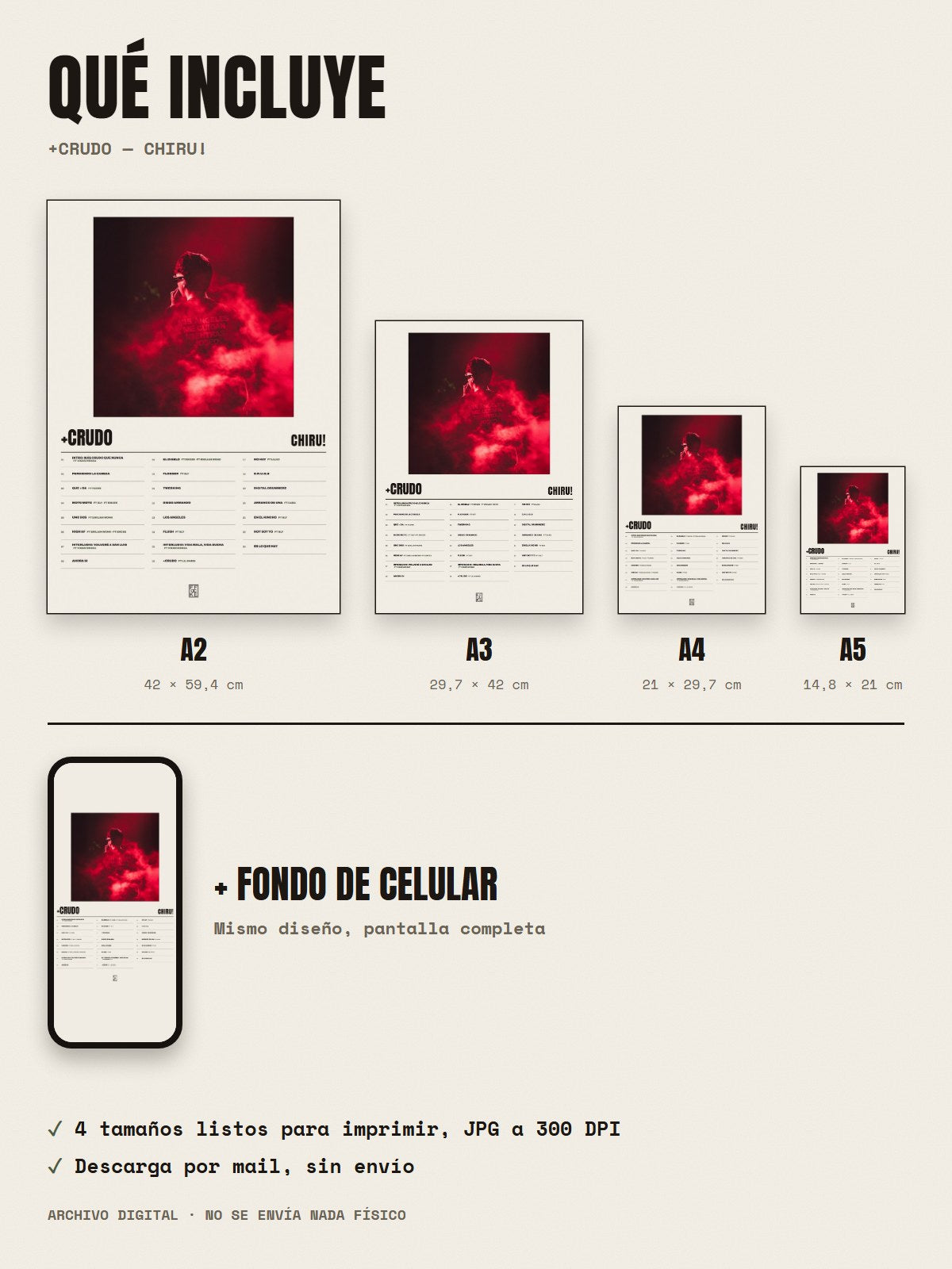 Qué incluye el póster de +Crudo de Chiru!: A2, A3, A4, A5 y fondo de celular