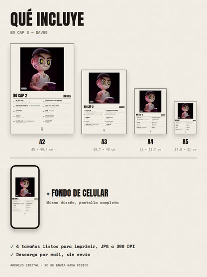 Qué incluye el póster de No Cap 2 de Davus: A2, A3, A4, A5 y fondo de celular