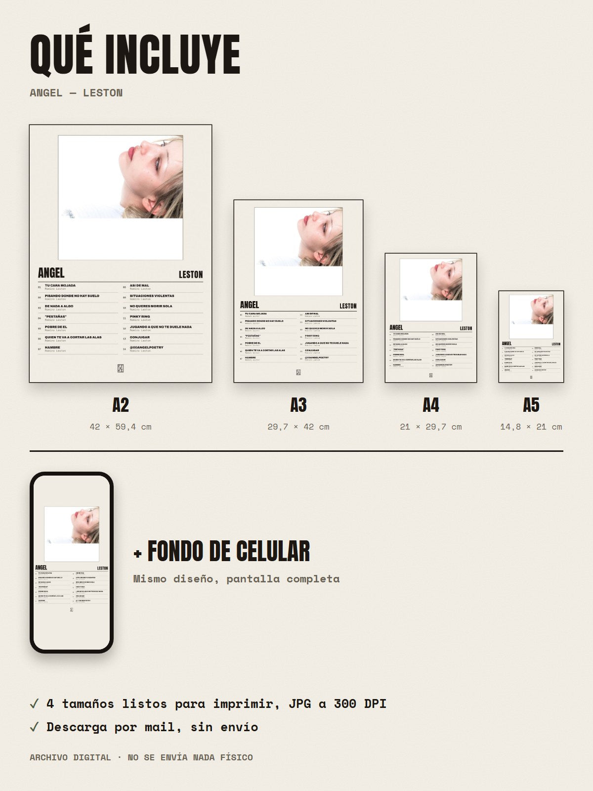 Qué incluye el póster de Angel de Leston: A2, A3, A4, A5 y fondo de celular