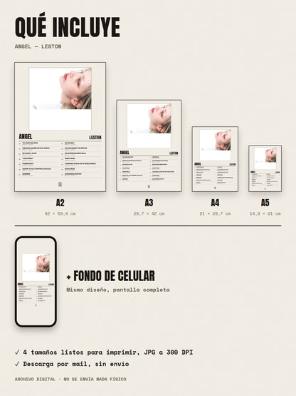 Qué incluye el póster de Angel de Leston: A2, A3, A4, A5 y fondo de celular