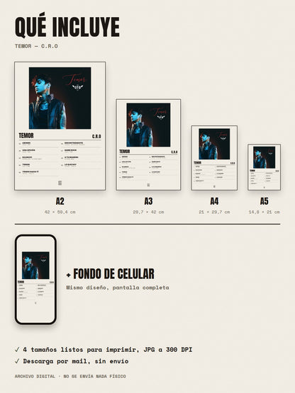 Qué incluye el póster de Temor de C.R.O: A2, A3, A4, A5 y fondo de celular