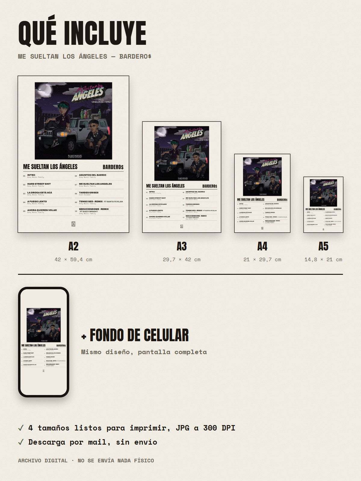 Qué incluye el póster de Me Sueltan los Ángeles de Bardero$ × Grey Music Family: A2, A3, A4, A5 y fondo de celular