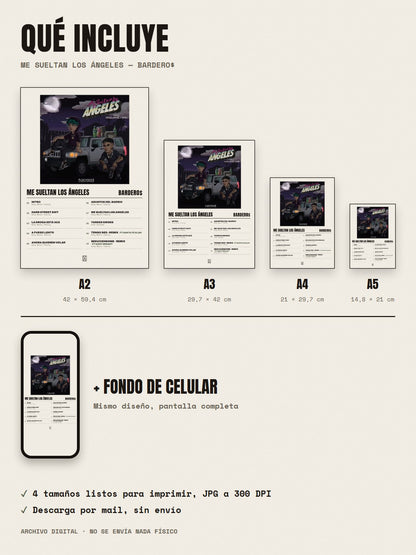 Qué incluye el póster de Me Sueltan los Ángeles de Bardero$ × Grey Music Family: A2, A3, A4, A5 y fondo de celular