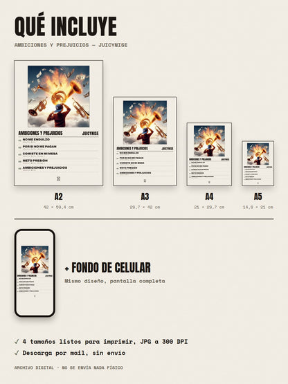 Qué incluye el póster de Ambiciones y Prejuicios de JuicyNise: A2, A3, A4, A5 y fondo de celular