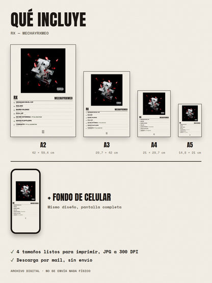 Qué incluye el póster de RX de MECHAYRXMEO: A2, A3, A4, A5 y fondo de celular