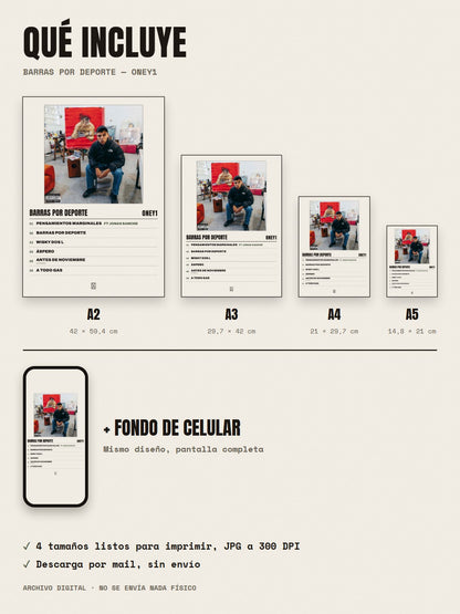 Qué incluye el póster de BARRAS POR DEPORTE de Oney1: A2, A3, A4, A5 y fondo de celular