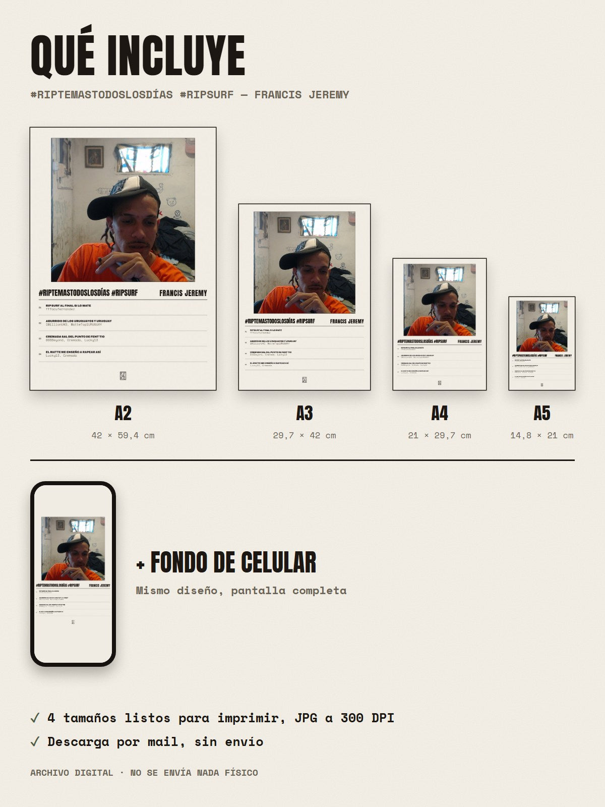 Qué incluye el póster de #RIPTEMASTODOSLOSDÍAS #RIPSURF de Francis Jeremy: A2, A3, A4, A5 y fondo de celular