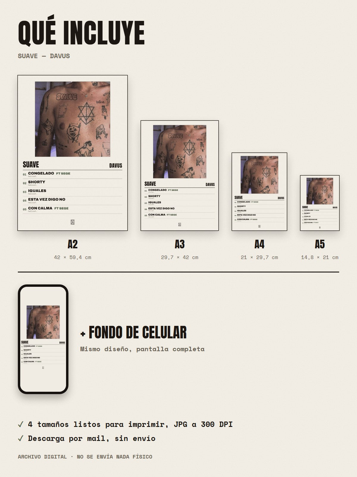 Qué incluye el póster de Suave de Davus: A2, A3, A4, A5 y fondo de celular