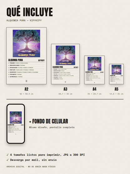 Qué incluye el póster de Alquimia Pura de Kifykify: A2, A3, A4, A5 y fondo de celular