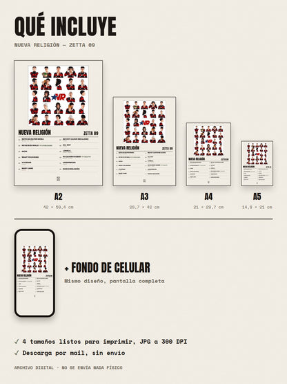 Qué incluye el póster de Nueva Religión de Zetta 09: A2, A3, A4, A5 y fondo de celular
