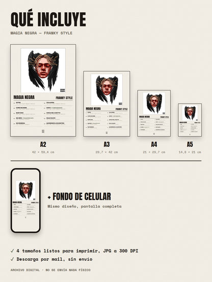 Qué incluye el póster de Magia Negra de Franky Style: A2, A3, A4, A5 y fondo de celular