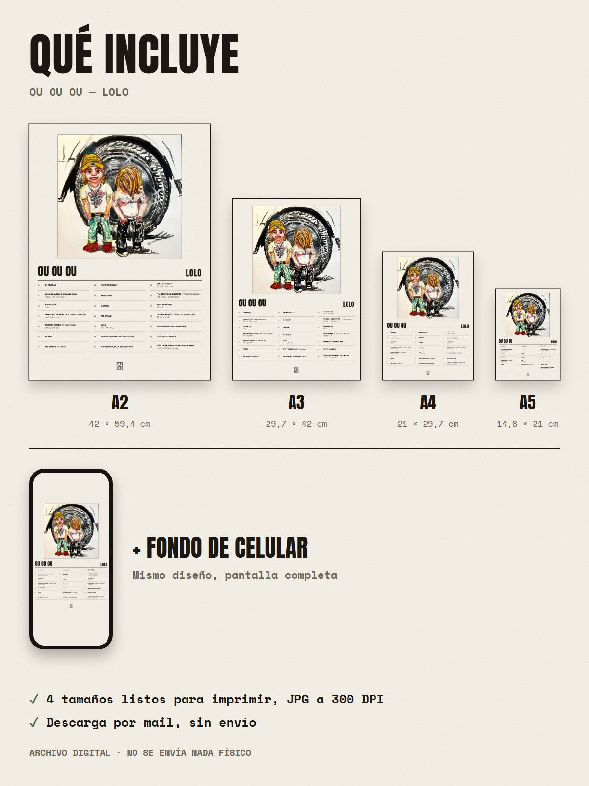 Qué incluye el póster de OU OU OU de LoLo: A2, A3, A4, A5 y fondo de celular
