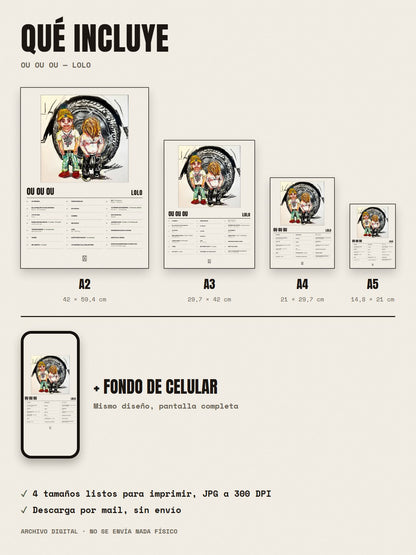 Qué incluye el póster de OU OU OU de LoLo: A2, A3, A4, A5 y fondo de celular