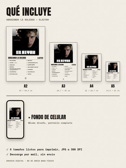 Qué incluye el póster de abrazando la soledad de elaiyah: A2, A3, A4, A5 y fondo de celular