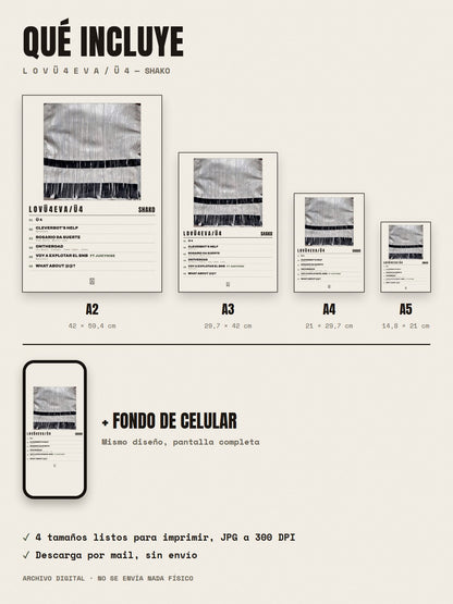 Qué incluye el póster de l o v ü 4 e v a / ü 4 de Shako: A2, A3, A4, A5 y fondo de celular