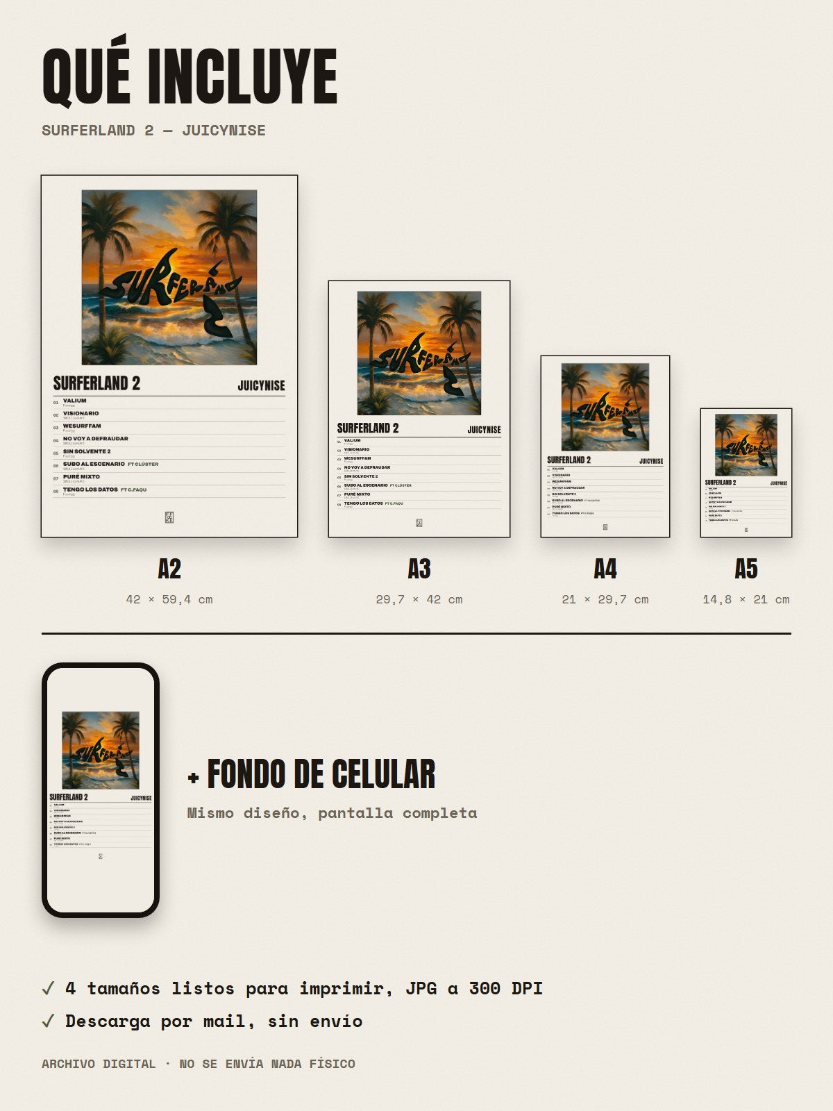 Qué incluye el póster de Surferland 2 de JuicyNise: A2, A3, A4, A5 y fondo de celular