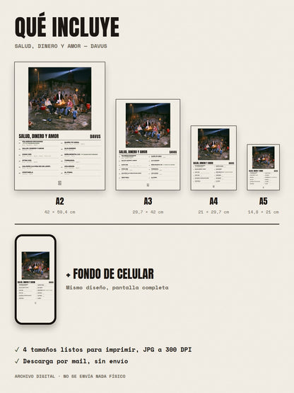 Qué incluye el póster de Salud, Dinero y Amor de Davus: A2, A3, A4, A5 y fondo de celular