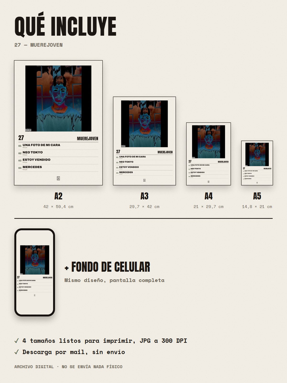 Qué incluye el póster de 27 de Muerejoven: A2, A3, A4, A5 y fondo de celular