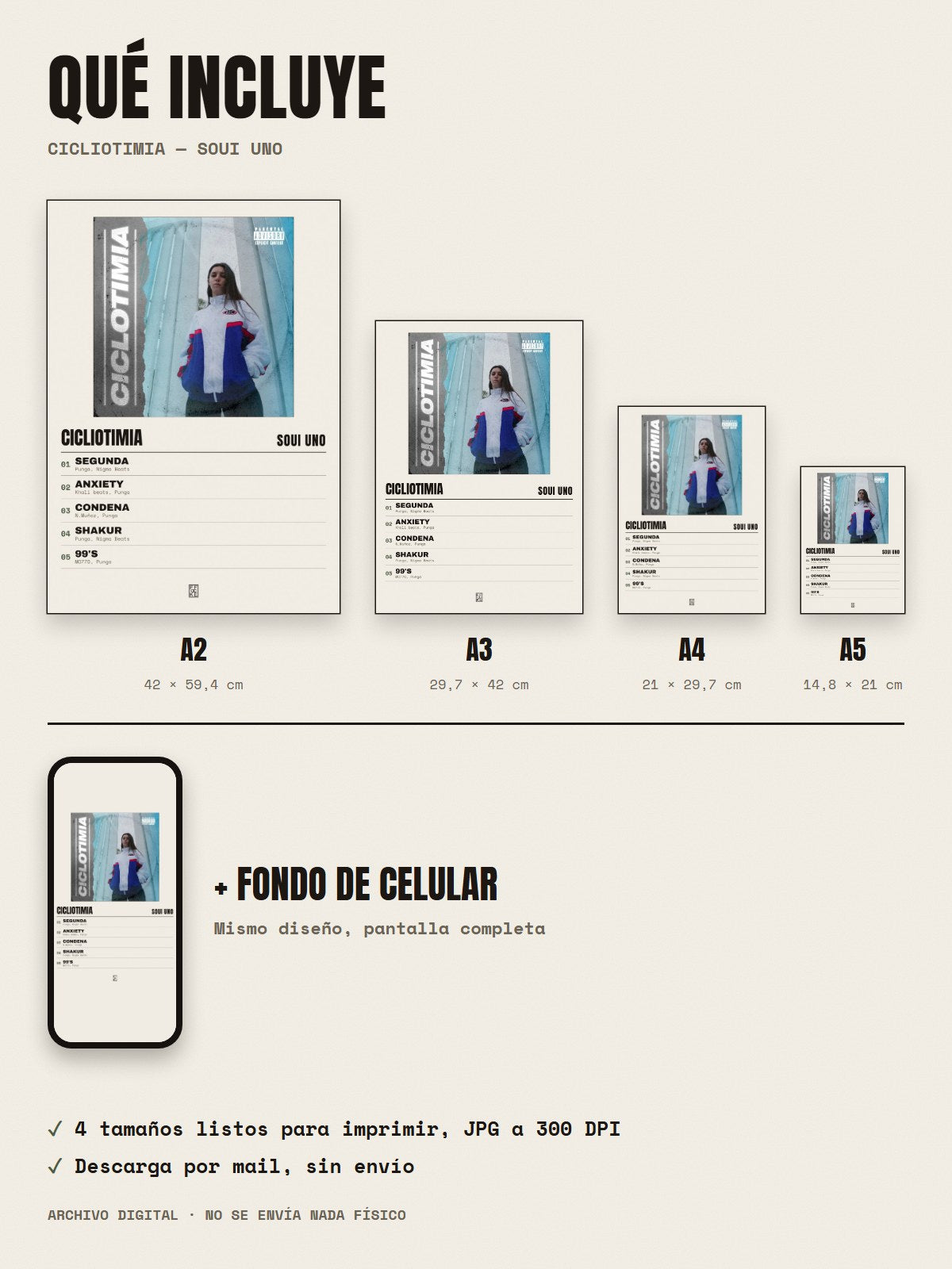 Qué incluye el póster de Cicliotimia de Soui Uno: A2, A3, A4, A5 y fondo de celular