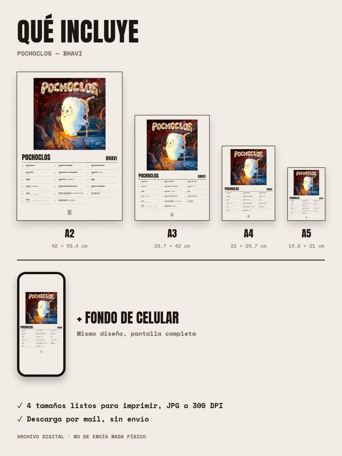 Qué incluye el póster de POCHOCLOS de Bhavi: A2, A3, A4, A5 y fondo de celular