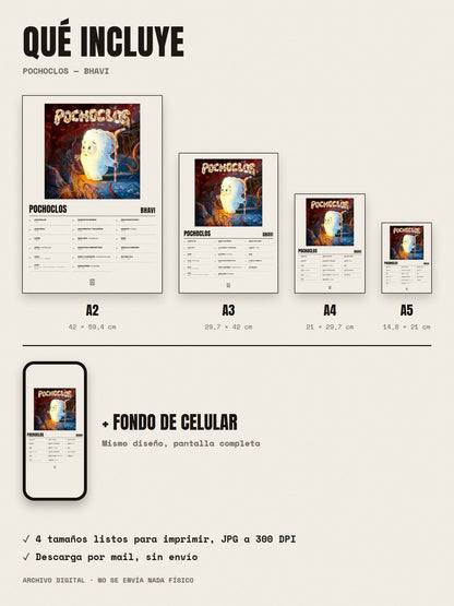 Qué incluye el póster de POCHOCLOS de Bhavi: A2, A3, A4, A5 y fondo de celular