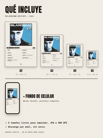 Qué incluye el póster de Bilardismo Mixtape de 2UU!: A2, A3, A4, A5 y fondo de celular