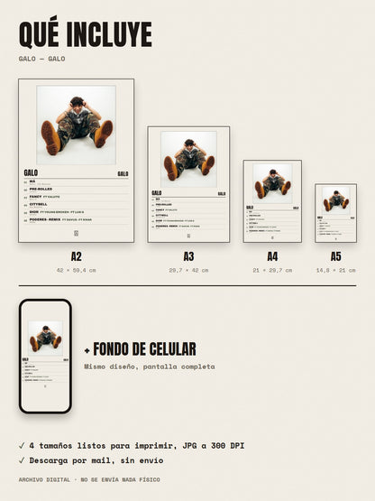 Qué incluye el póster de Galo de GALO: A2, A3, A4, A5 y fondo de celular
