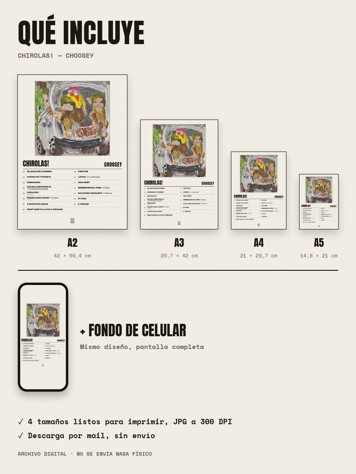 Qué incluye el póster de CHIROLAS! de choosey: A2, A3, A4, A5 y fondo de celular