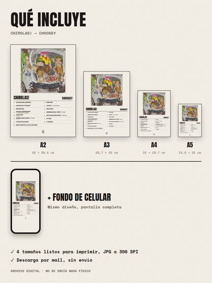 Qué incluye el póster de CHIROLAS! de choosey: A2, A3, A4, A5 y fondo de celular