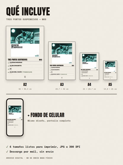 Qué incluye el póster de TRES PUNTOS SUSPENSIVOS de WOS: A2, A3, A4, A5 y fondo de celular