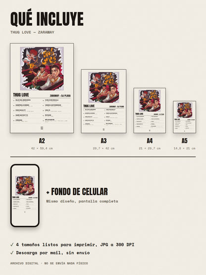 Qué incluye el póster de Thug Love de ZARAMAY × Dj Plaga: A2, A3, A4, A5 y fondo de celular