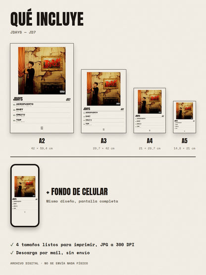 Qué incluye el póster de JDAYS de JD7: A2, A3, A4, A5 y fondo de celular