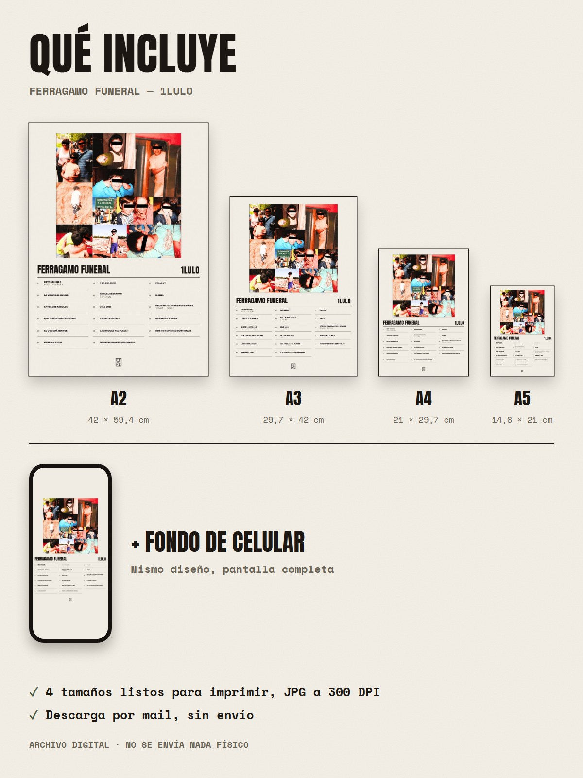 Qué incluye el póster de FERRAGAMO FUNERAL de 1lulo: A2, A3, A4, A5 y fondo de celular