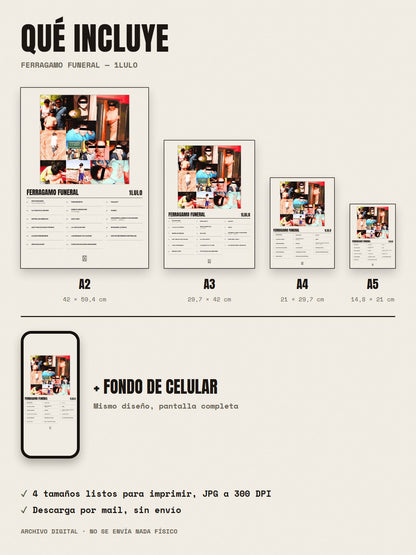 Qué incluye el póster de FERRAGAMO FUNERAL de 1lulo: A2, A3, A4, A5 y fondo de celular