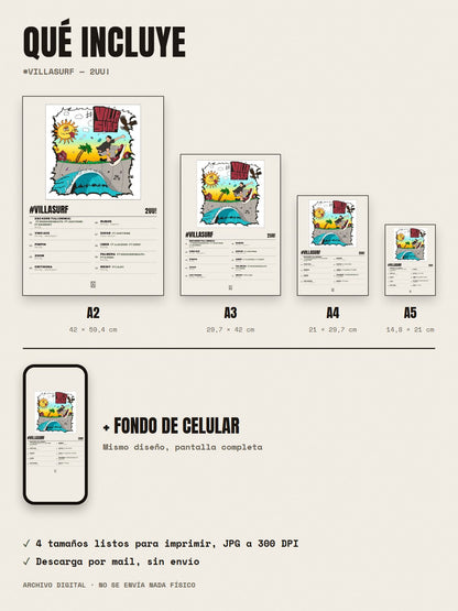 Qué incluye el póster de #VILLASURF de 2UU!: A2, A3, A4, A5 y fondo de celular
