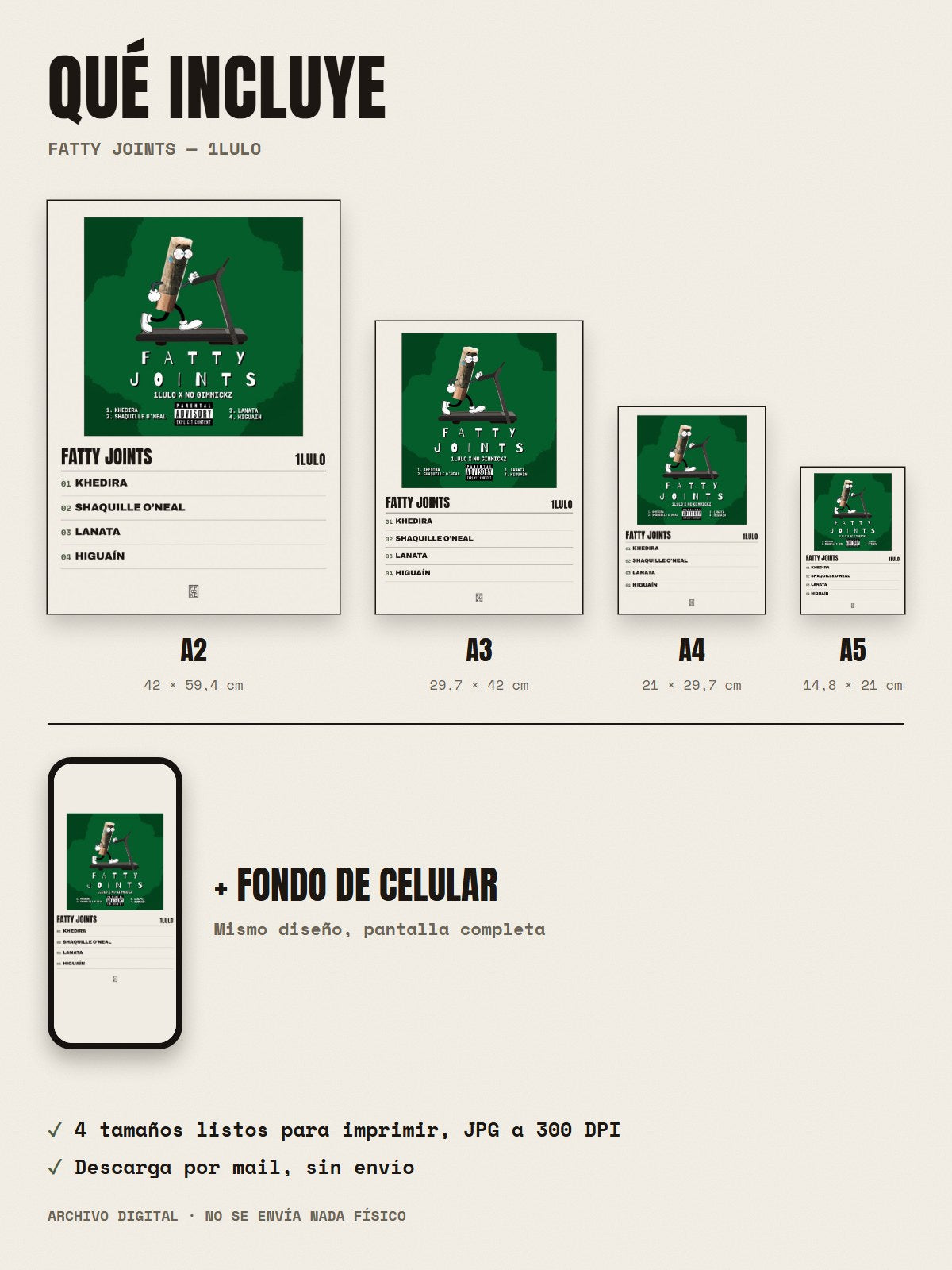 Qué incluye el póster de Fatty Joints de 1lulo: A2, A3, A4, A5 y fondo de celular