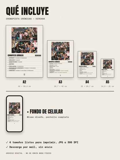 Qué incluye el póster de Cronopista Crónicas de KERCHAK: A2, A3, A4, A5 y fondo de celular
