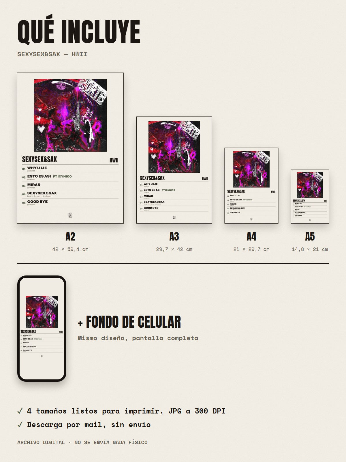 Qué incluye el póster de Sexysex&Sax de Hwii: A2, A3, A4, A5 y fondo de celular