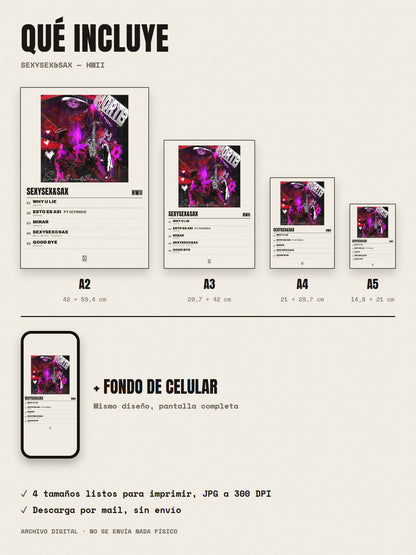 Qué incluye el póster de Sexysex&Sax de Hwii: A2, A3, A4, A5 y fondo de celular