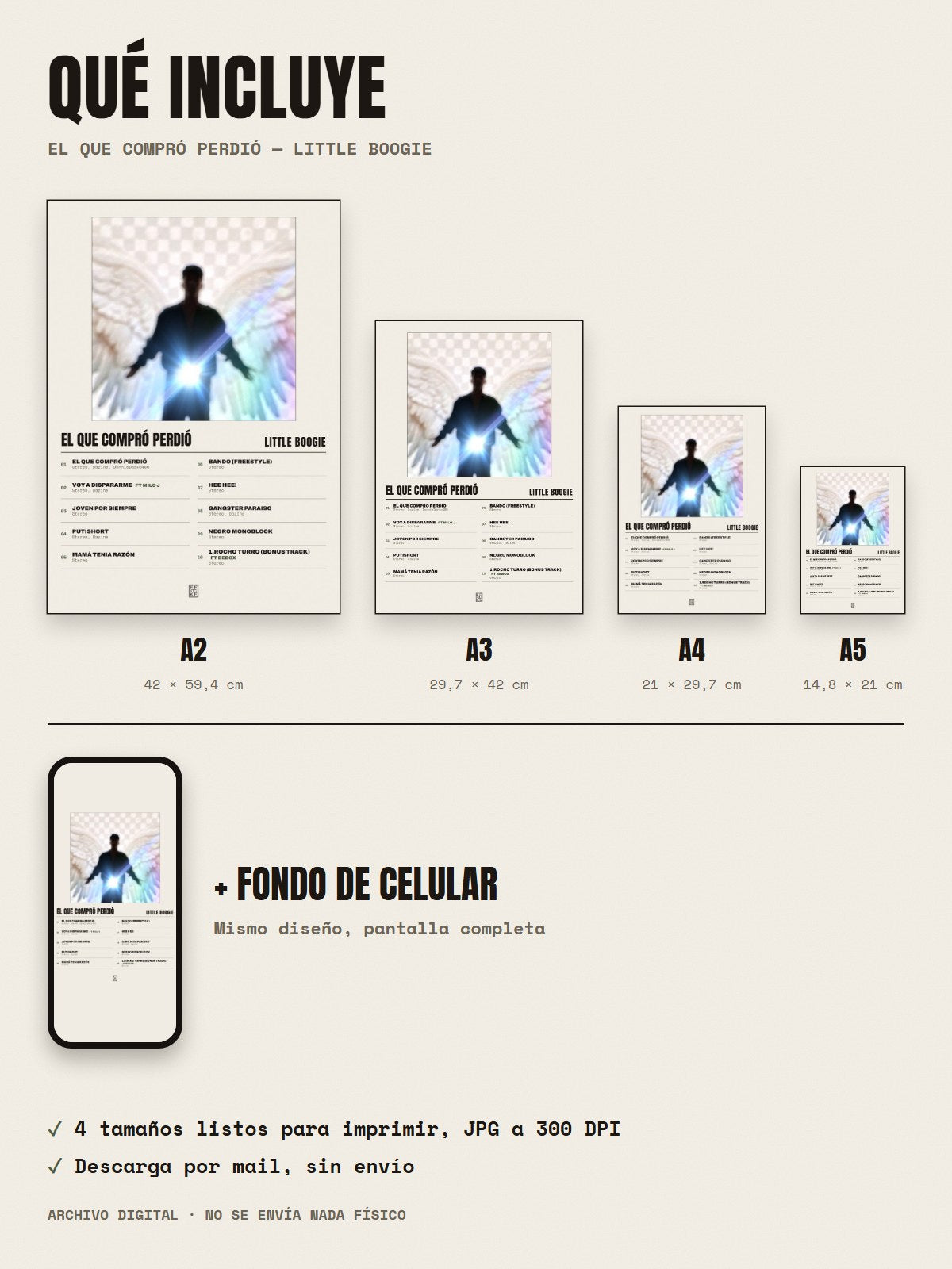 Qué incluye el póster de EL QUE COMPRÓ PERDIÓ de Little Boogie: A2, A3, A4, A5 y fondo de celular