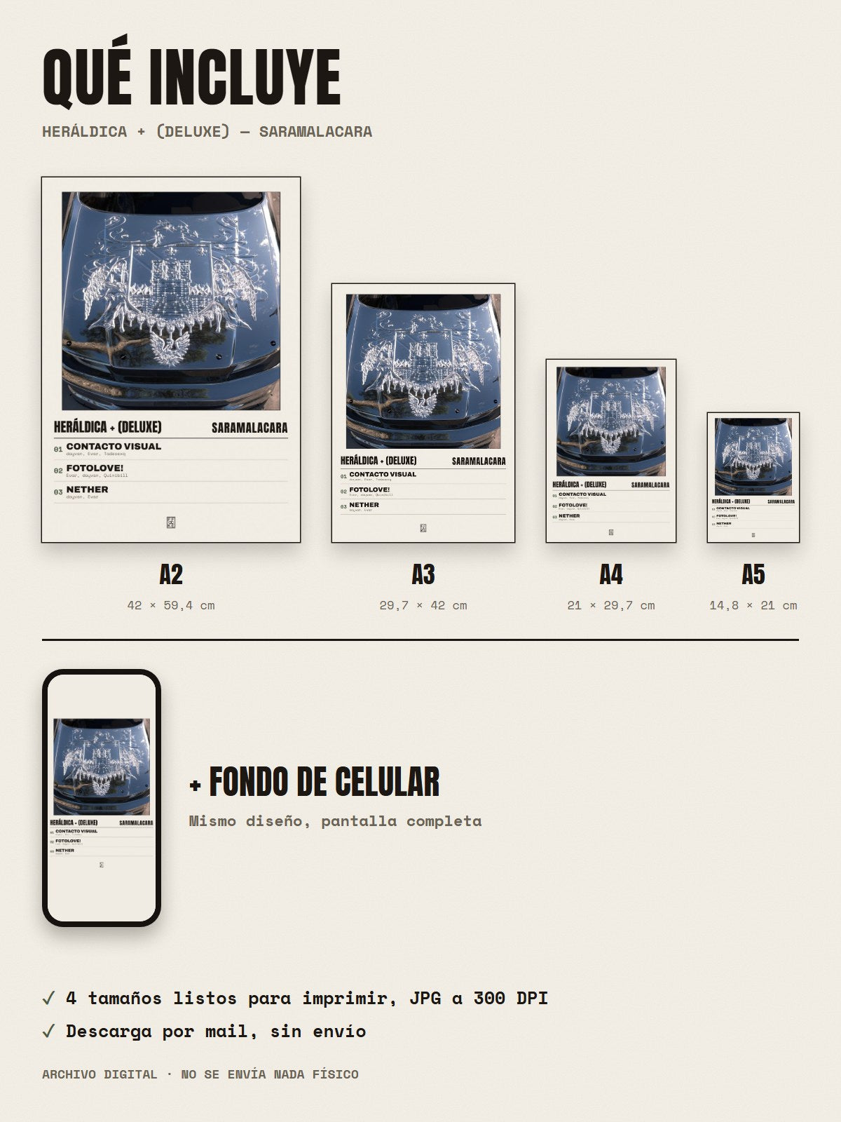 Qué incluye el póster de Heráldica + (Deluxe) de Saramalacara: A2, A3, A4, A5 y fondo de celular