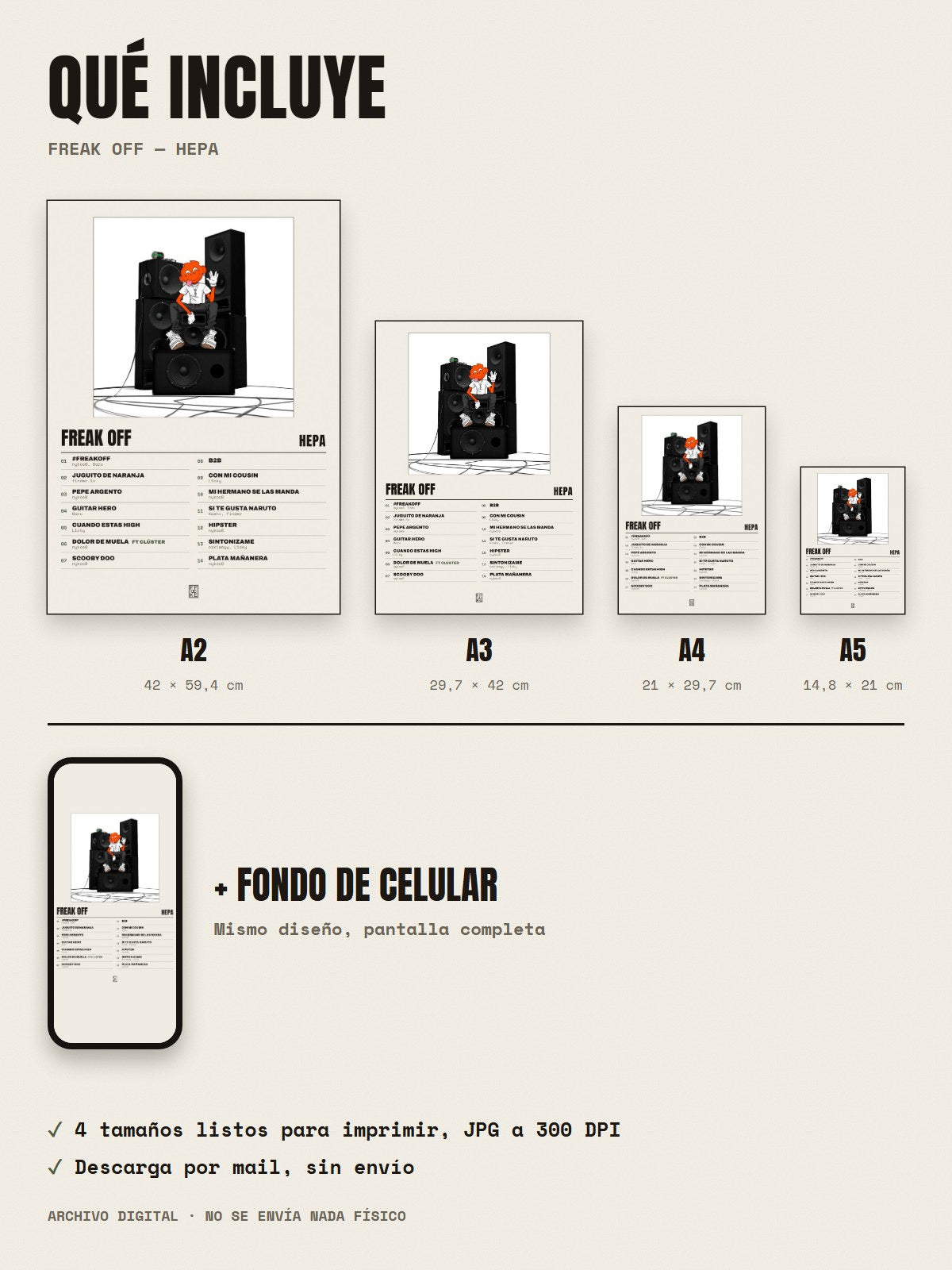 Qué incluye el póster de FREAK OFF de Hepa: A2, A3, A4, A5 y fondo de celular