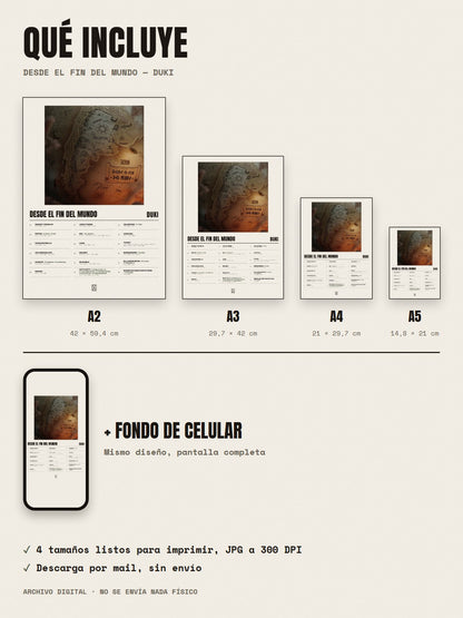 Qué incluye el póster de Desde el Fin del Mundo de Duki: A2, A3, A4, A5 y fondo de celular