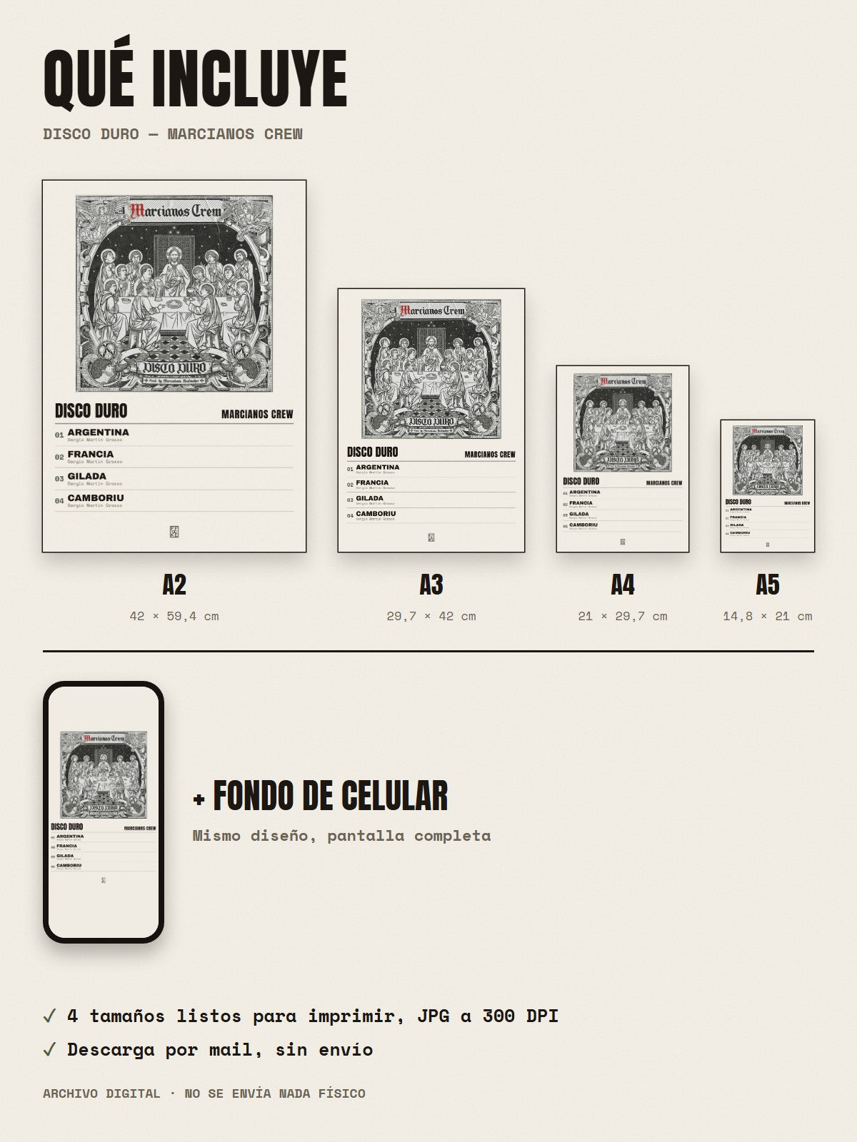 Qué incluye el póster de Disco Duro de Marcianos Crew: A2, A3, A4, A5 y fondo de celular